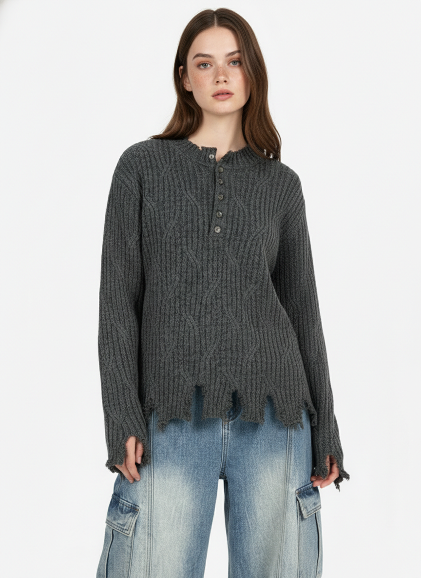 Knitted Distressed Diamond Pattern Raw Edge Sweater