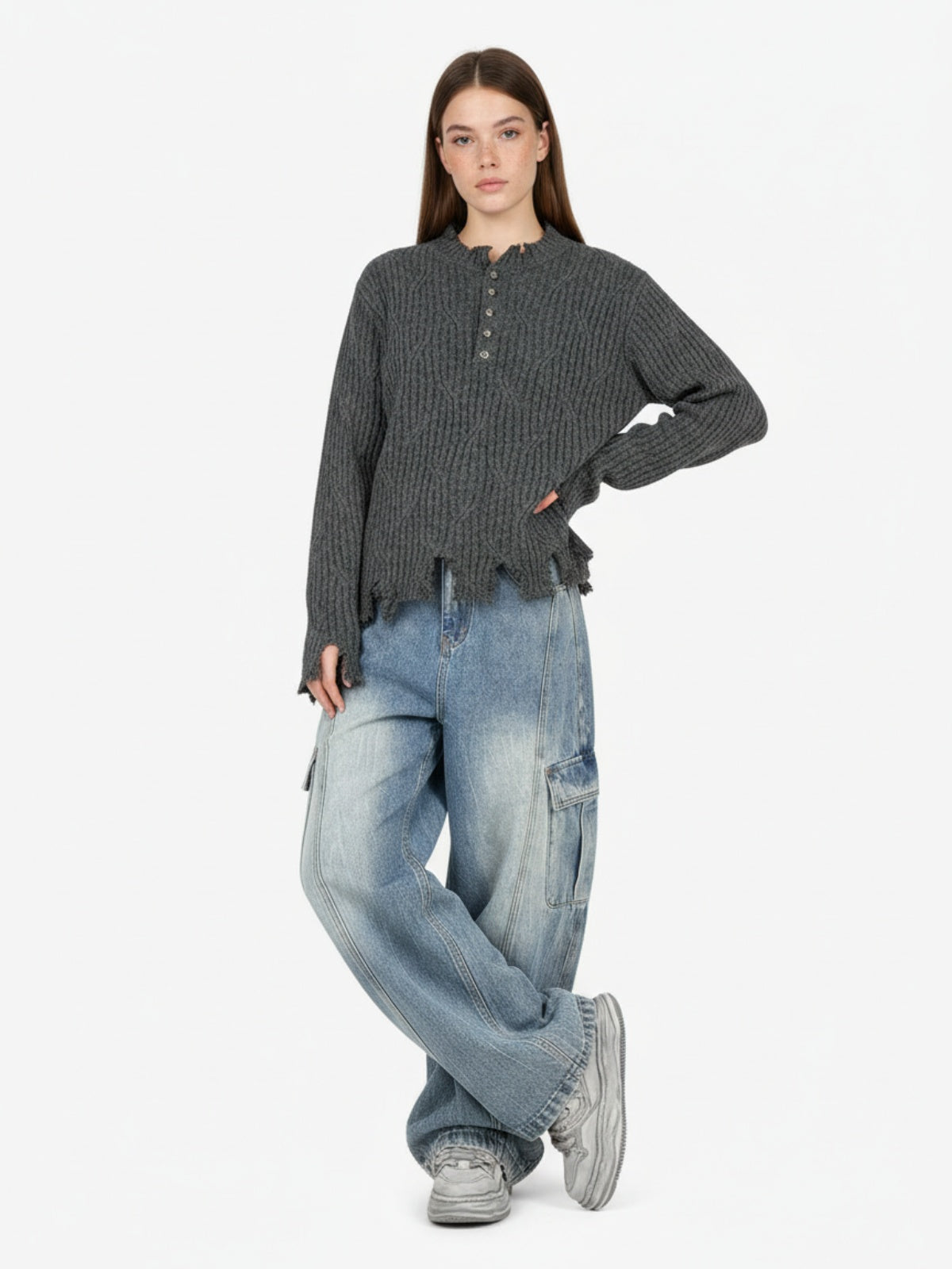 Knitted Distressed Diamond Pattern Raw Edge Sweater