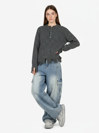 Knitted Distressed Diamond Pattern Raw Edge Sweater