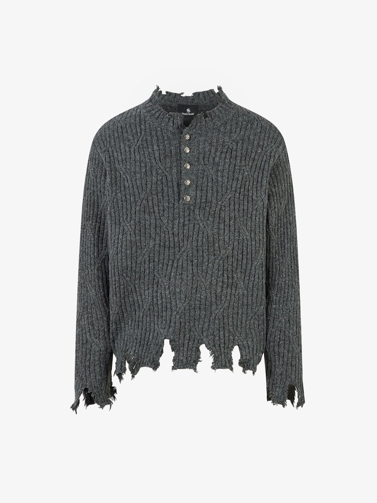 Distressed Ribbed Henley Sweater for Casual Elegance 