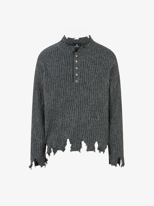Distressed Ribbed Henley Sweater for Casual Elegance 
