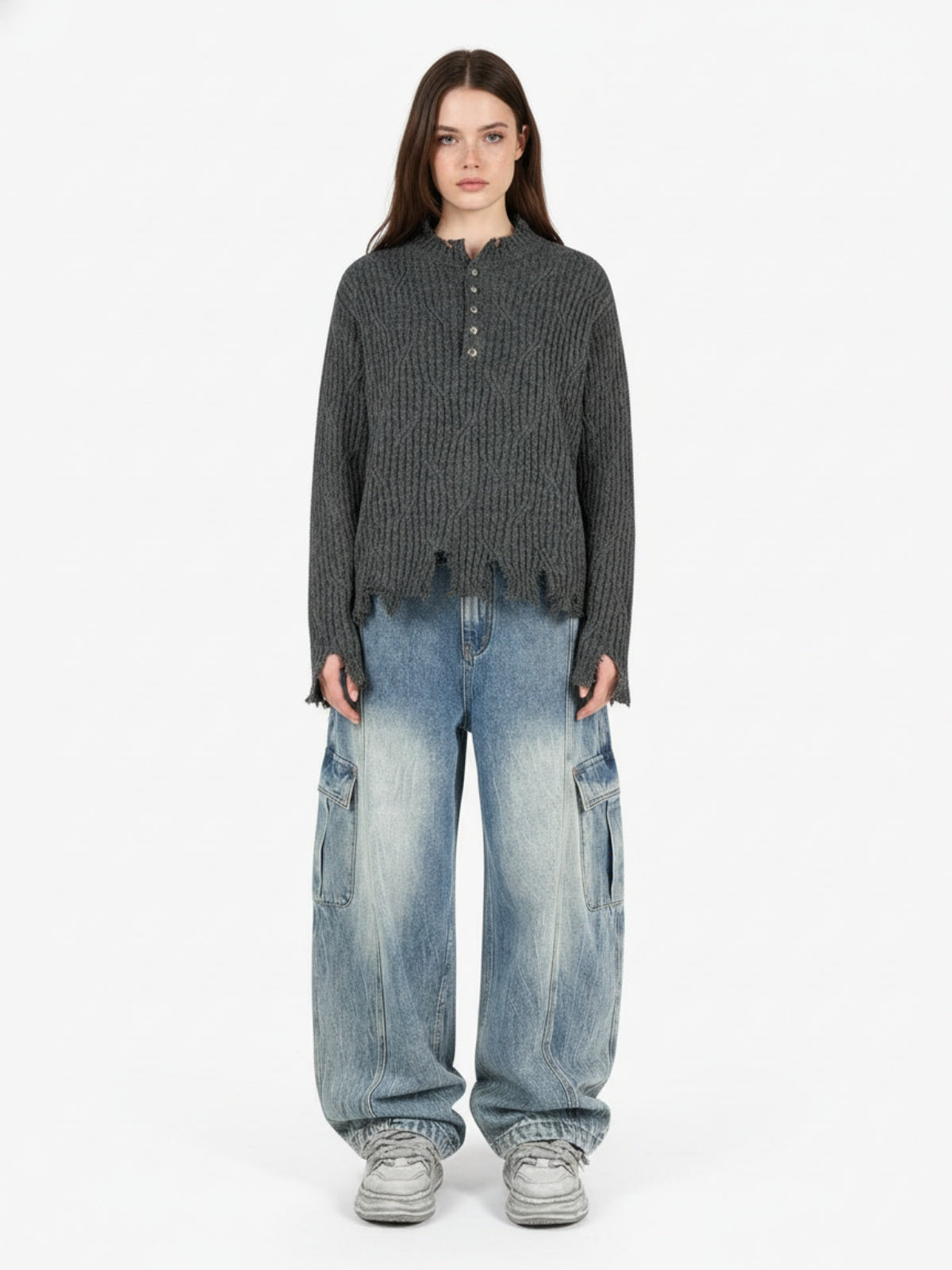 Knitted Distressed Diamond Pattern Raw Edge Sweater