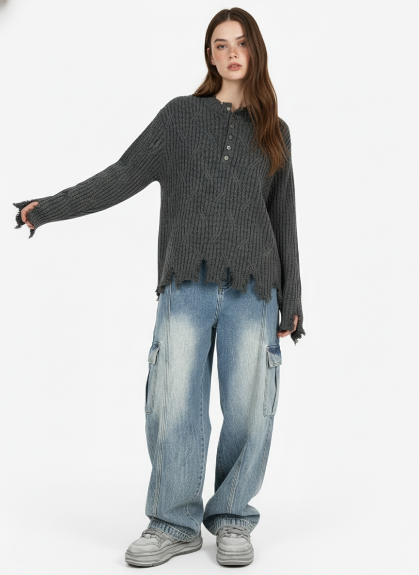 Knitted Distressed Diamond Pattern Raw Edge Sweater