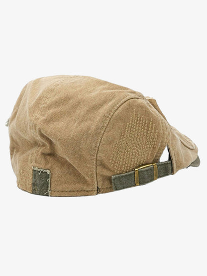 Cotton Denim Patchwork Flat Cap with Embroidered Red Panel and Distressed Details?