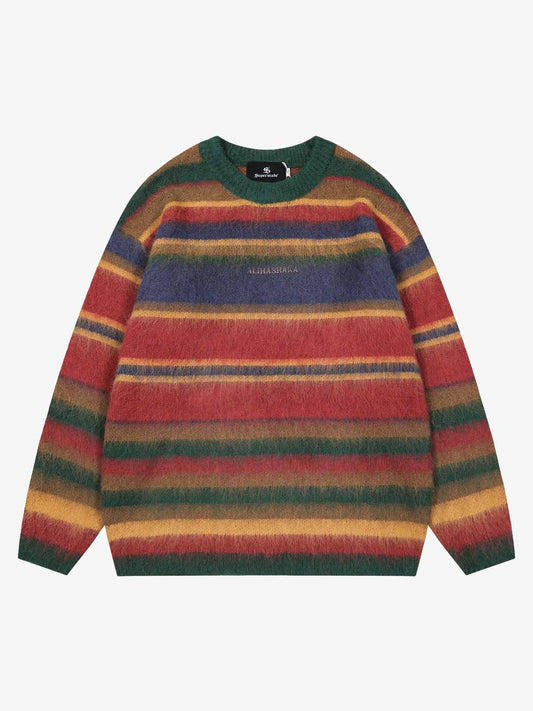 Vintage Fuzzy Striped Color-Block Knit Sweater 
