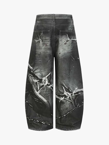 Black Printed Denim Wide-Leg Pants with Gothic Art Design for Men and Women 