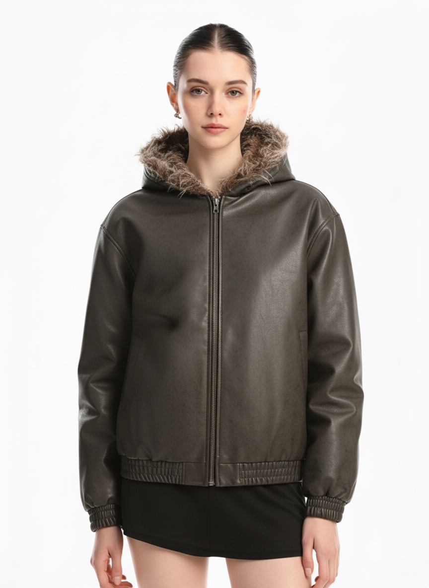 Vintage Faux Fur Hood Lined PU Zip Up Bomber Jacket
