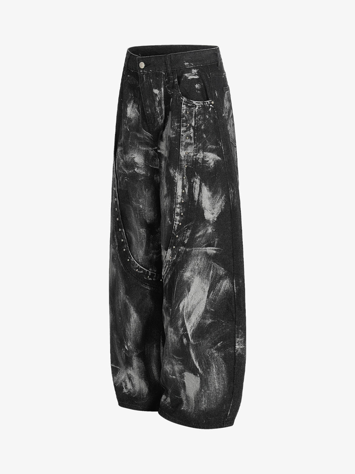 Tie-Dye Wide-Leg Denim Pants with Stud Detailing 