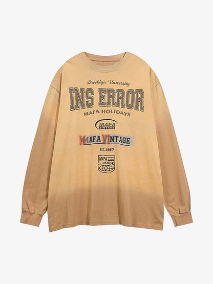 Letter Printed Washed Distressed Gradient Long Sleeve T-Shirt 