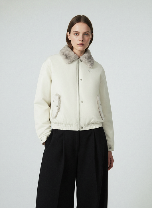 Faux Fur Collar Zipper Padded Bomber Jacket