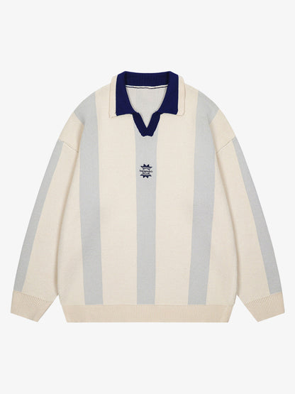 Vertical Striped Colorblock Lapel Sweater 