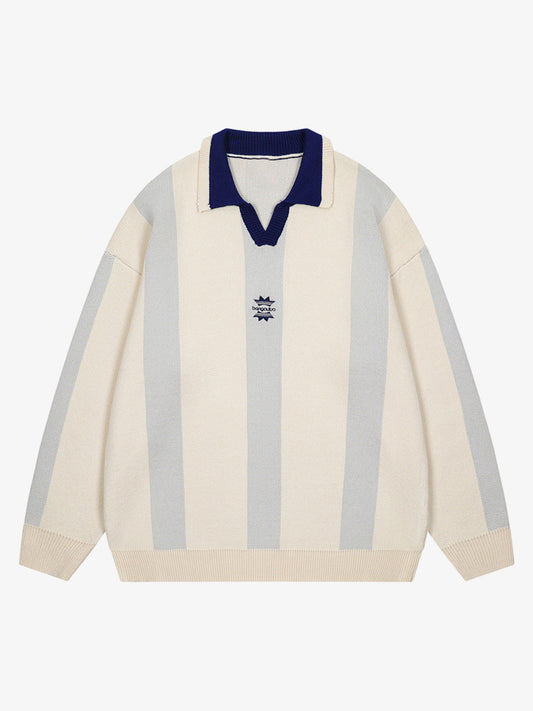 Vertical Striped Colorblock Lapel Sweater 