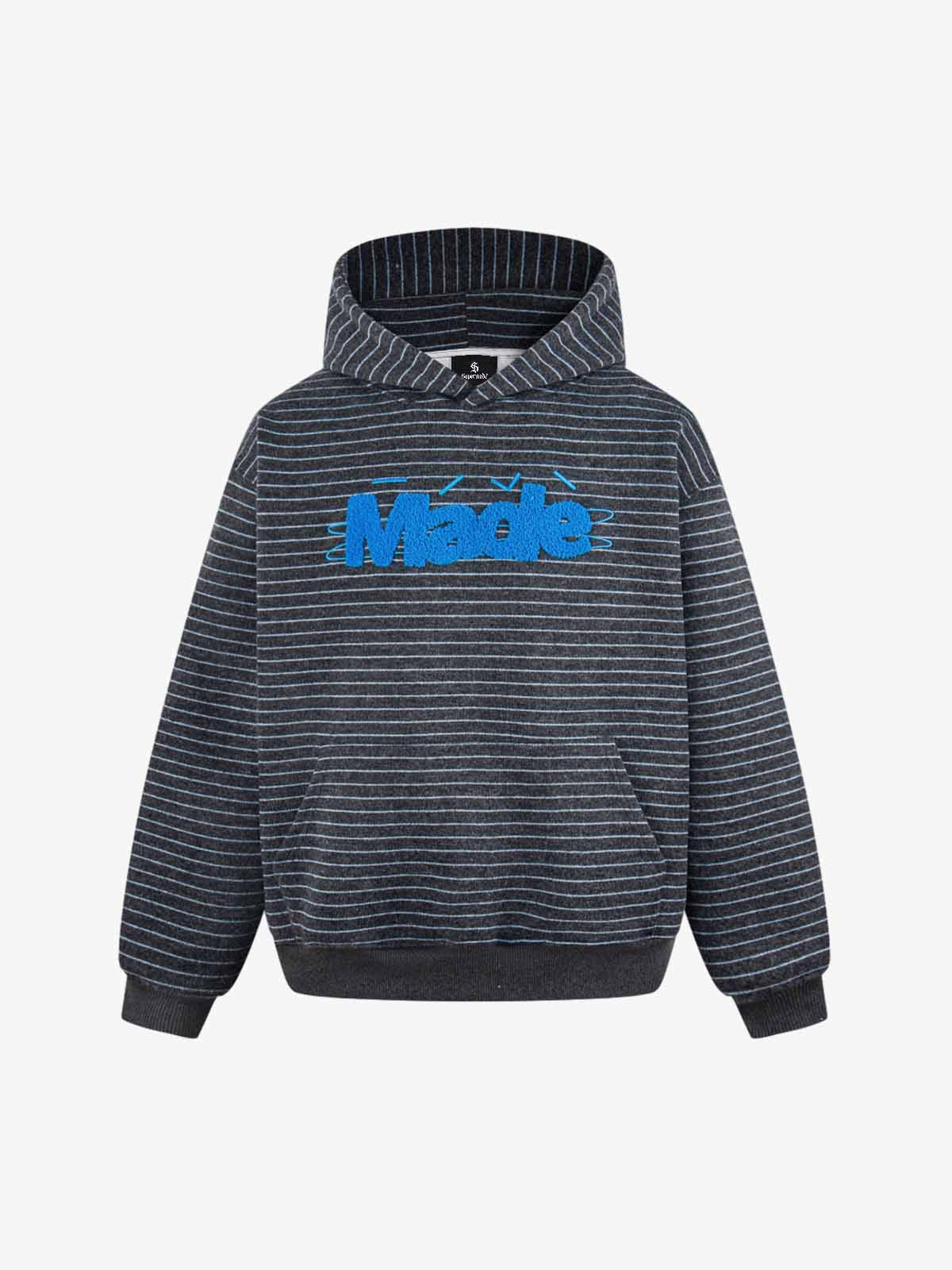 Cotton Blend Striped Hoodie with Embroidered "Made" Design for Men and Women 