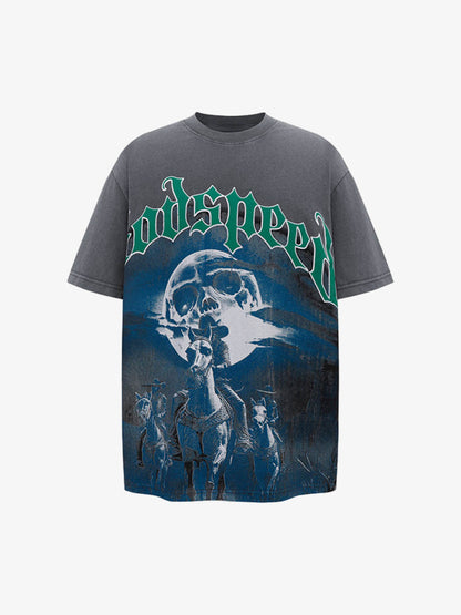 Old Washed Dark Western Cowboy Print T-shirt 