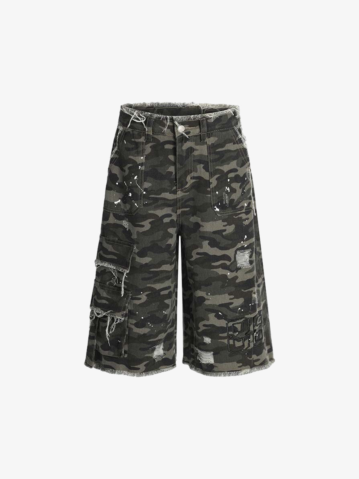 Denim Camouflage Cargo Shorts with Ripped Details and Patch Pockets?