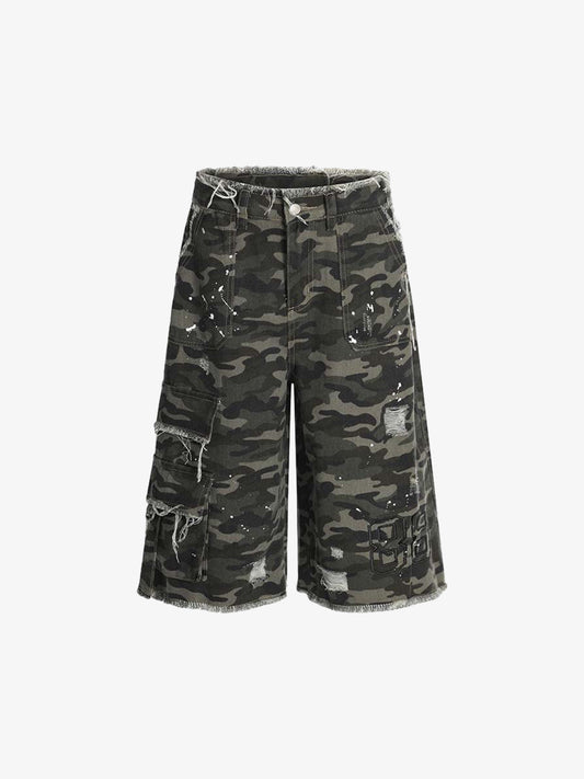 Denim Camouflage Cargo Shorts with Ripped Details and Patch Pockets?
