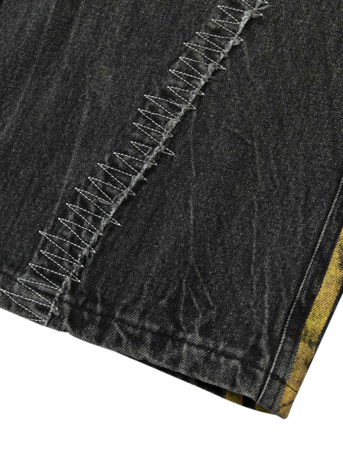 Distressed Striped Side Chain Patchwork Ripped Straight Jeans - 2391 