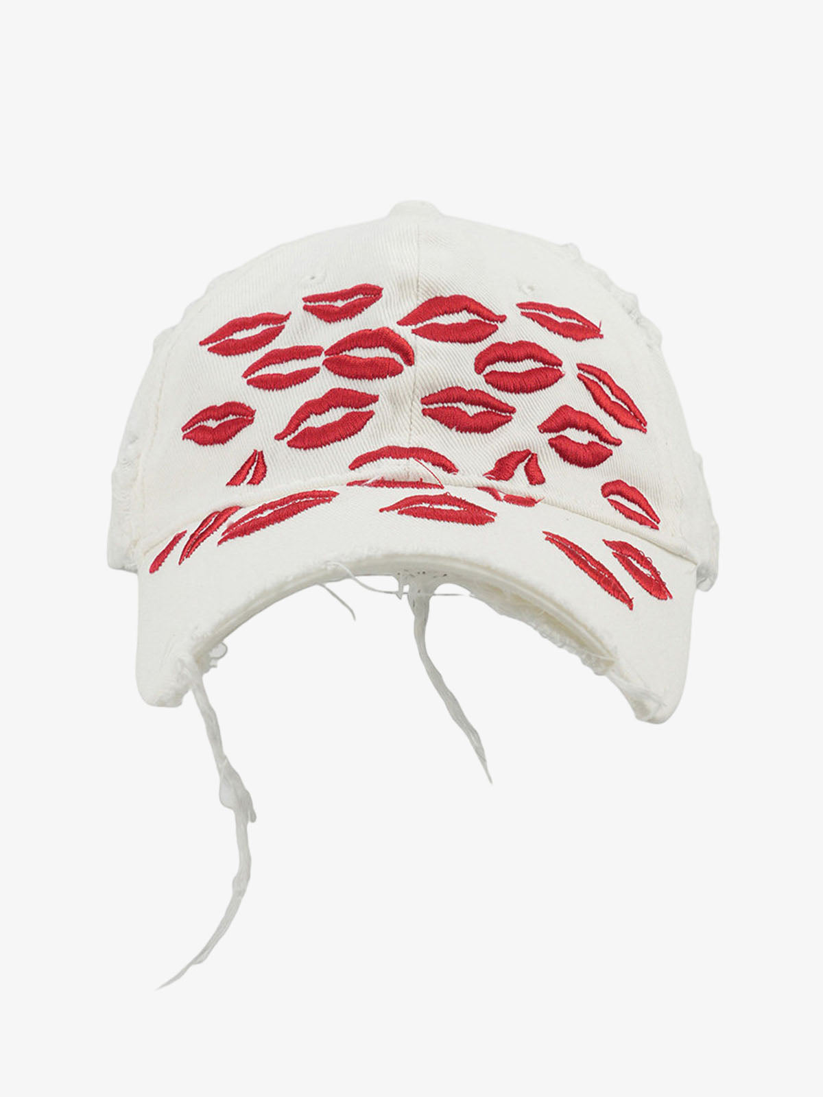 Cotton Distressed Baseball Cap with Red Lip Embroidery - Vintage Style Women's Hat?
