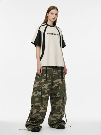 Thesupermade Horizontal Glitch Art Deconstruction Contrast Color Stitching Print T-shirt 