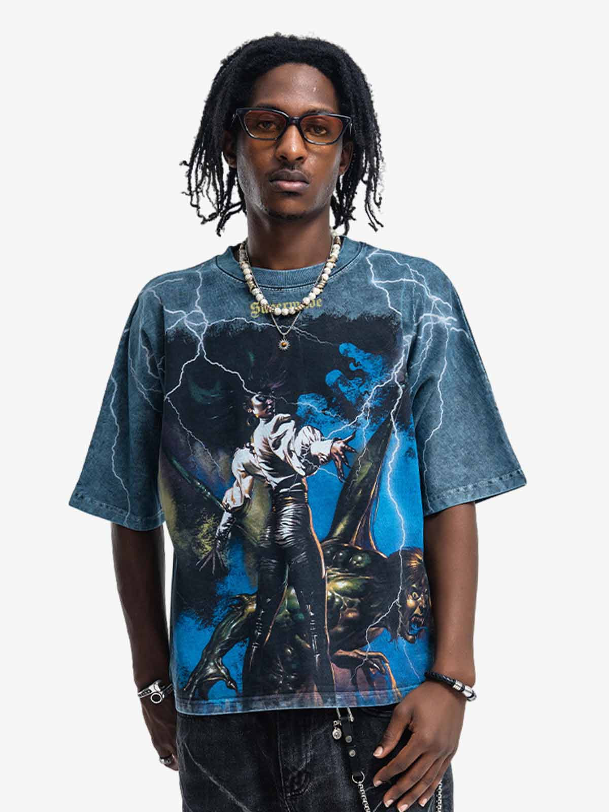 300G Jade Pattern Dyed Cotton T-Shirt with Lightning Graphic Print Oversized Streetwear Tee?