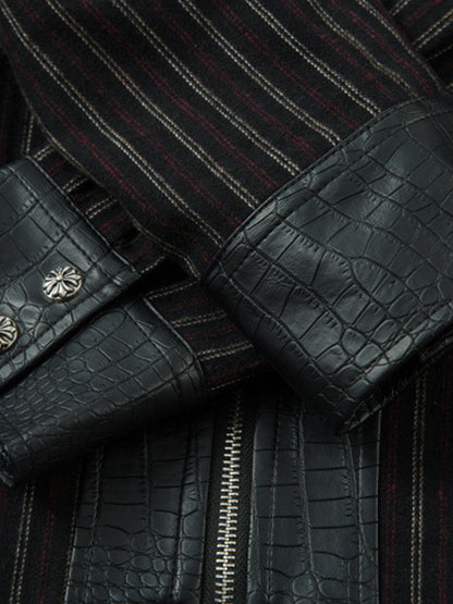 Thesupermade Retro Vertical Stripes Stitching PU Leather Collar Jacket 