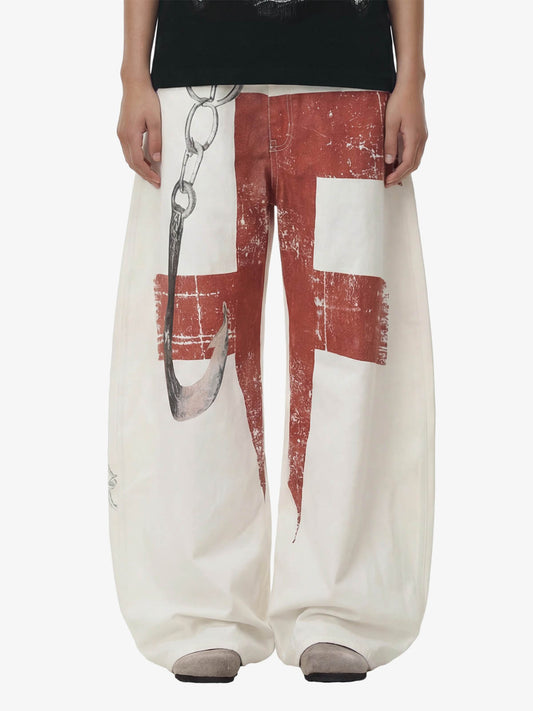 Vintage Distressed Chain Print Oversized Canvas Baggy Pants