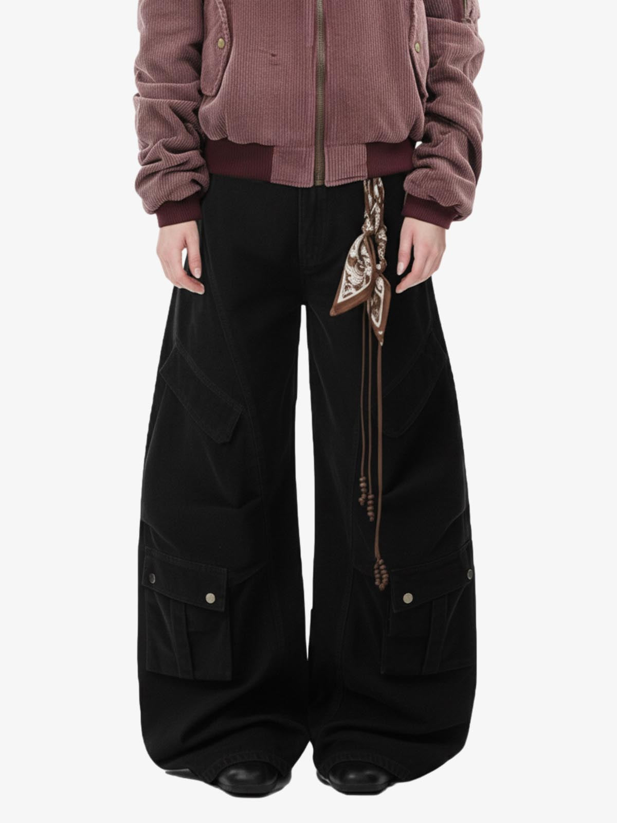 Draped Fabric Accessories Deconstructed Wide Leg Cargo Pants
