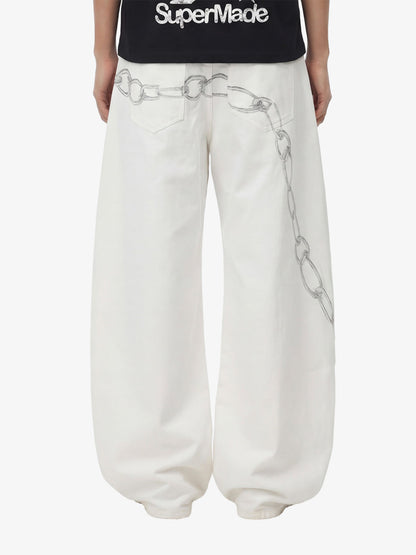 Vintage Distressed Chain Print Oversized Canvas Baggy Pants