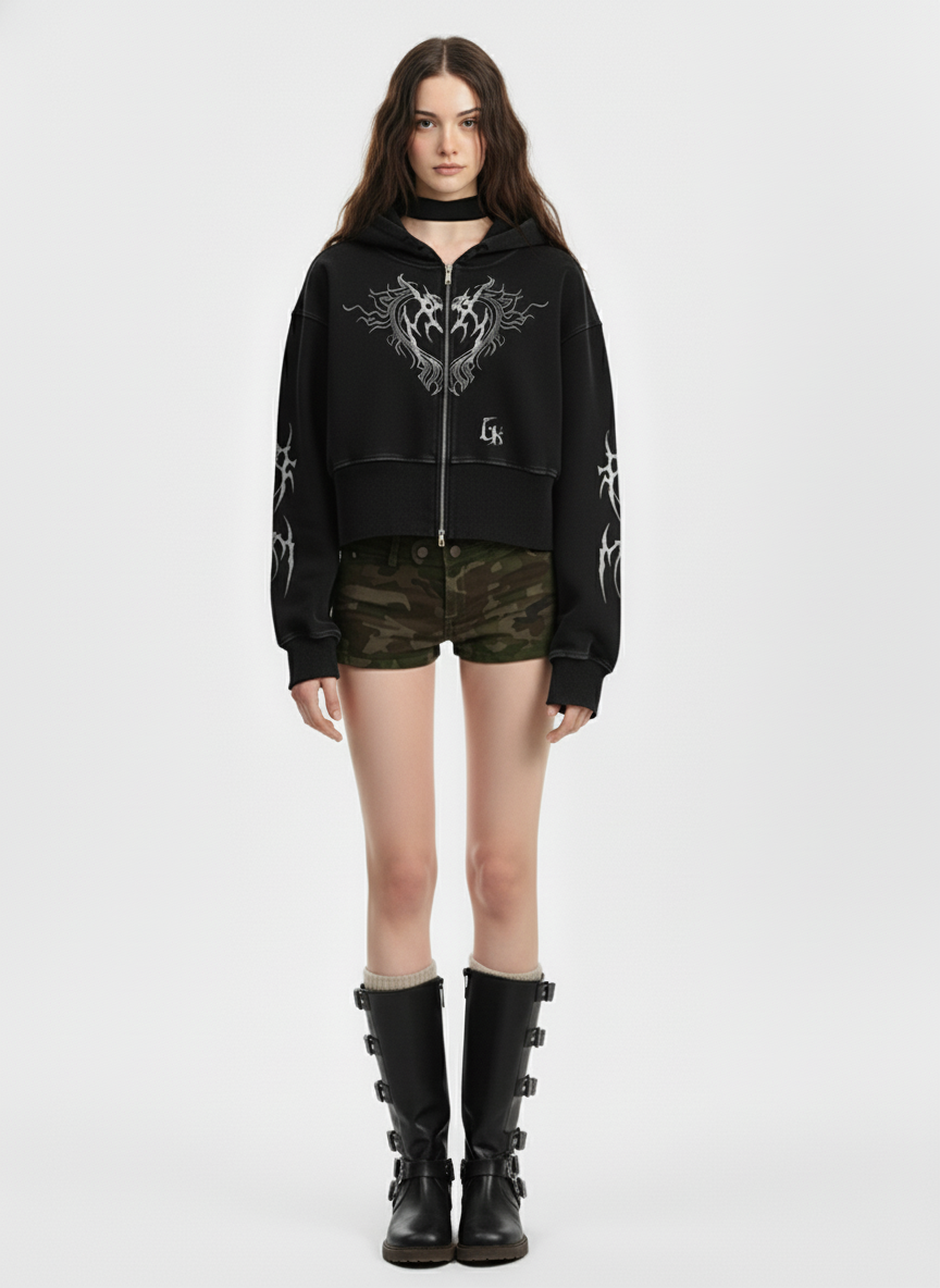 Dark Print Cardigan Cropped Hoodie