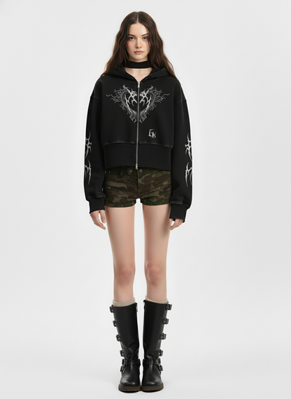 Dark Print Cardigan Cropped Hoodie