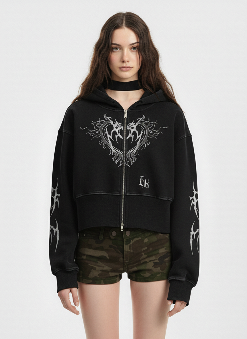 Dark Print Cardigan Cropped Hoodie