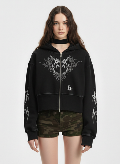 Dark Print Cardigan Cropped Hoodie