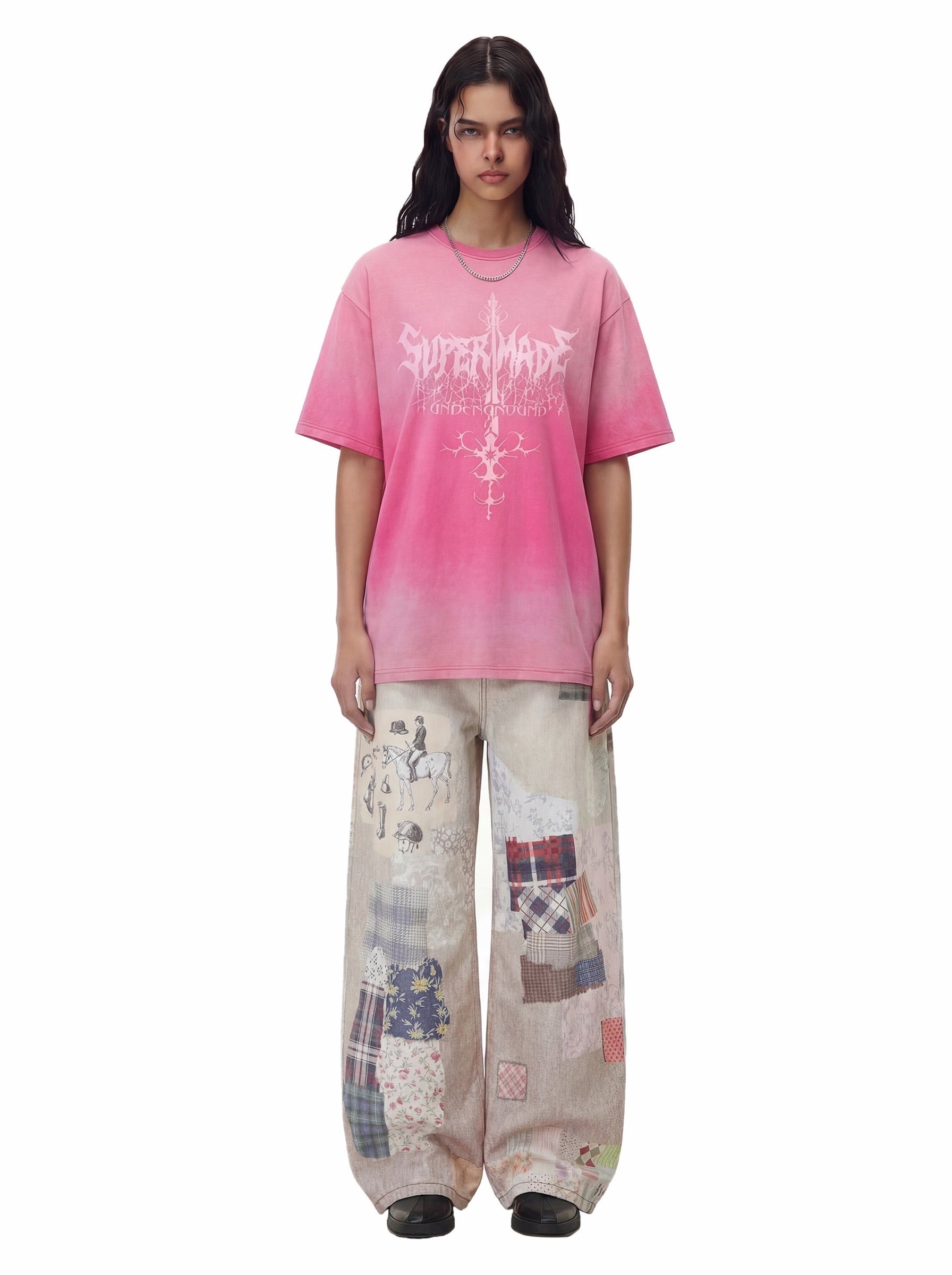Acid Wash Gothic Cross Spine Graphic Distressed T-Shirt