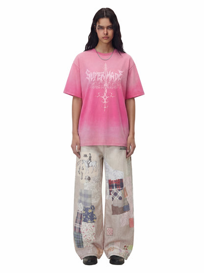 Acid Wash Gothic Cross Spine Graphic Distressed T-Shirt