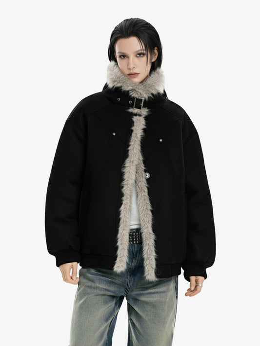 Vintage Faux Fur Trimmed Suede Padded Bomber Jacket