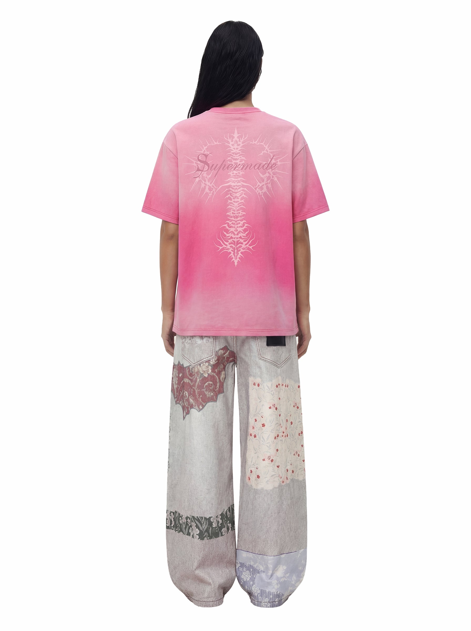 Acid Wash Gothic Cross Spine Graphic Distressed T-Shirt