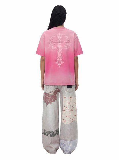 Acid Wash Gothic Cross Spine Graphic Distressed T-Shirt