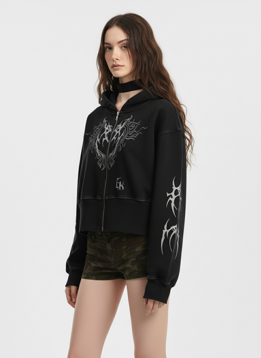 Dark Print Cardigan Cropped Hoodie