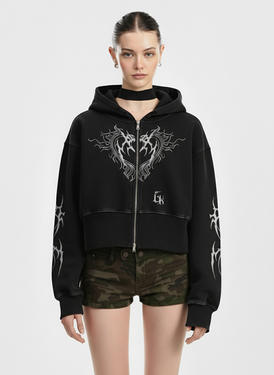 Dark Print Cardigan Cropped Hoodie