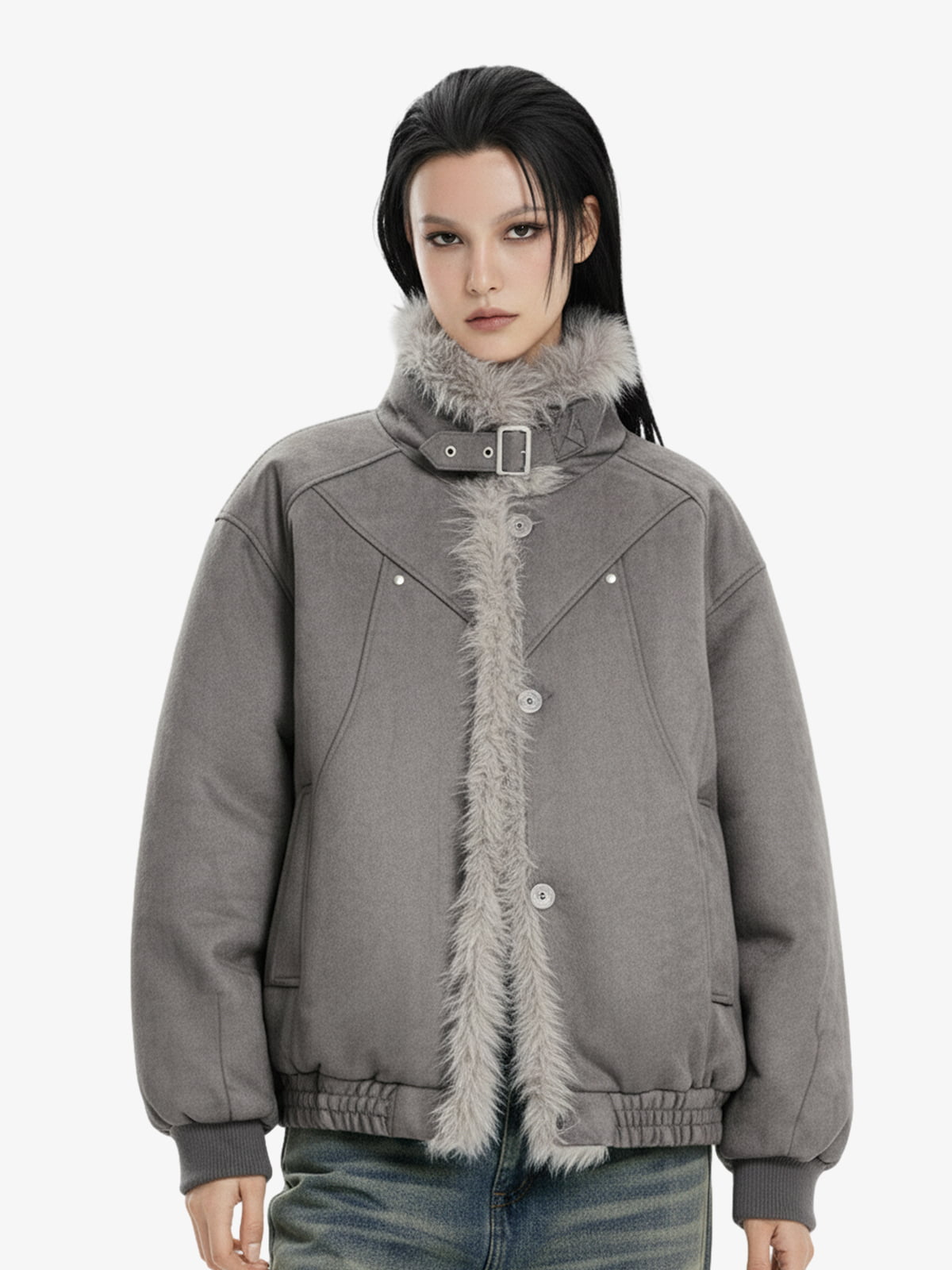 Vintage Faux Fur Trimmed Suede Padded Bomber Jacket