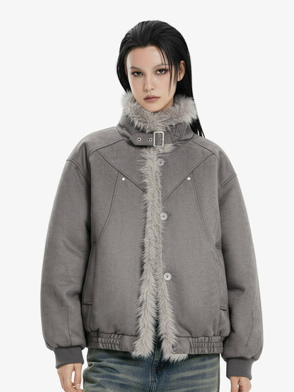 Vintage Faux Fur Trimmed Suede Padded Bomber Jacket