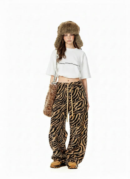 Retro Zebra Print Wide-Leg Lounge Barrel Pants