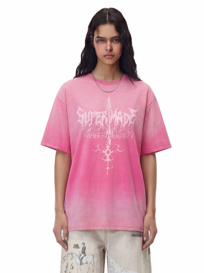Acid Wash Gothic Cross Spine Graphic Distressed T-Shirt
