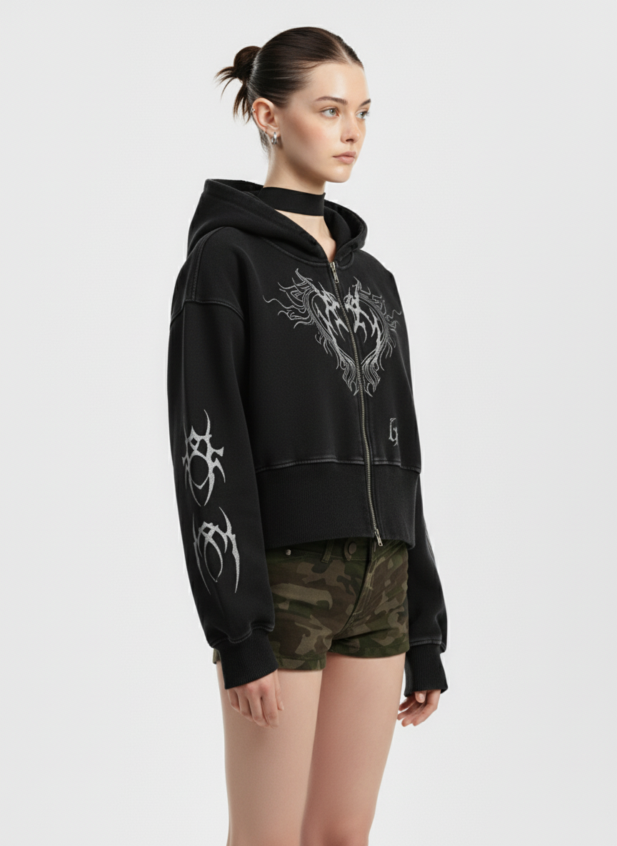 Dark Print Cardigan Cropped Hoodie