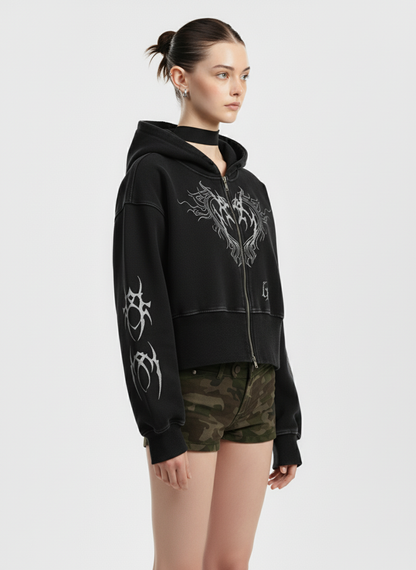 Dark Print Cardigan Cropped Hoodie