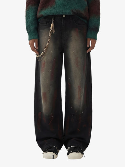 Vintage Inkjet Dirty Dye Washed Scimitar Distressed Jeans