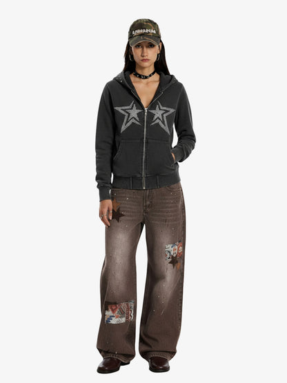 Vintage Washed Symmetrical Star Rhinestone Zip-Up Hoodie