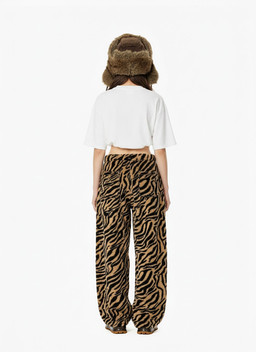 Retro Zebra Print Wide-Leg Lounge Barrel Pants