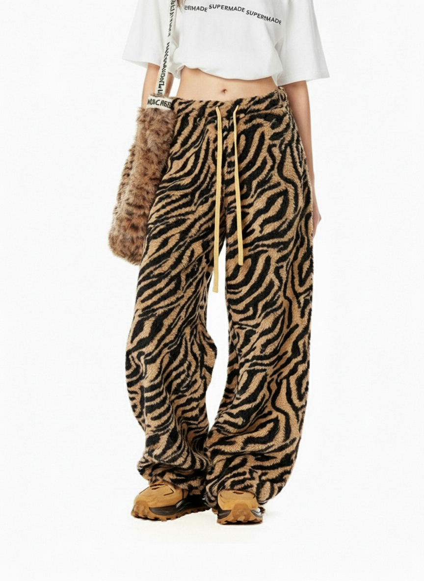 Retro Zebra Print Wide-Leg Lounge Barrel Pants