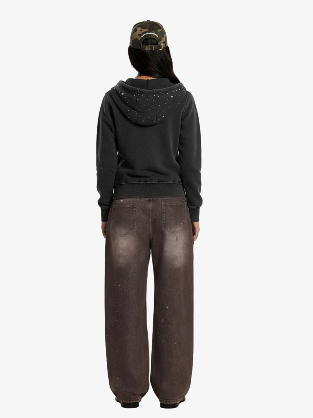 Vintage Washed Symmetrical Star Rhinestone Zip-Up Hoodie